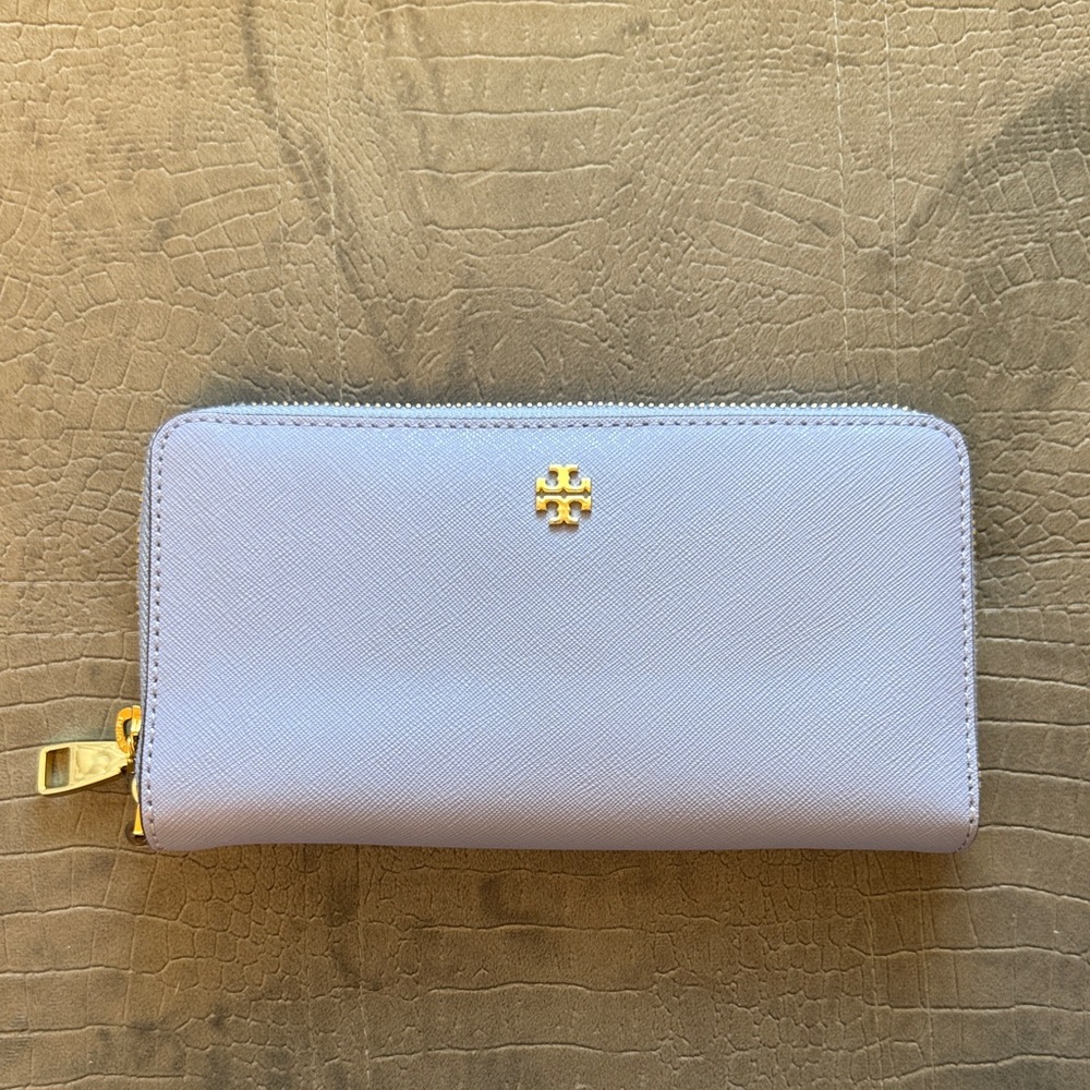 Tory Burch Light Lavender Zip-Around Wallet with Gold Logo